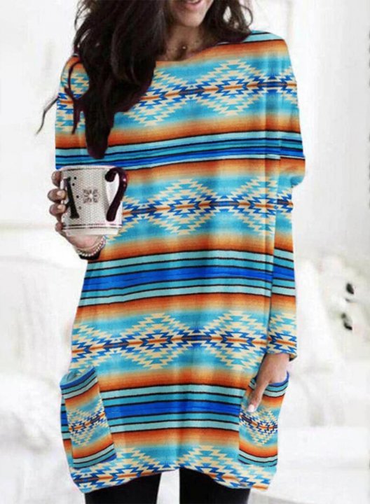 Women's Aztec Sweatshirts Round Neck Long Sleeve Striped Sweatshirts With Pockets