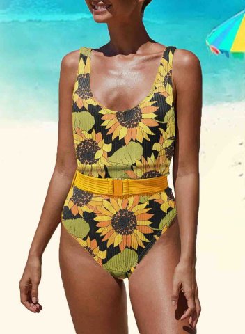 Women's One-Piece Swimsuits One-Piece Bathing Suits Belt Sunflower-prints U Neck Vintage One-Piece Swimsuit