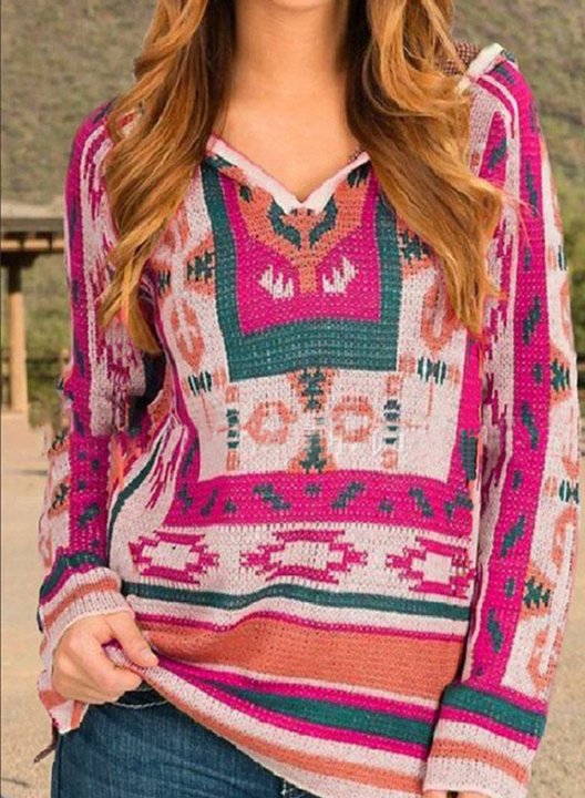 Women's Sweaters V Neck Long Sleeve Tribal Color Block Sweaters