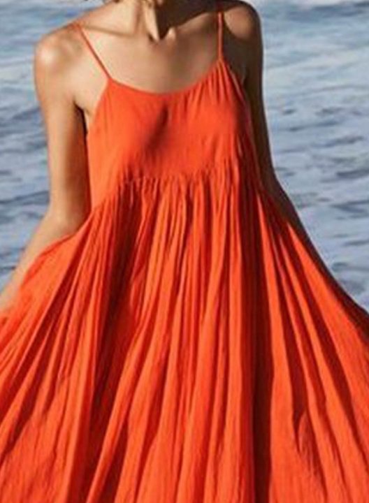 Women's Dress Solid Fit & Flare Spaghetti Sleeveless Summer Vacation Beach Casual Midi Dress