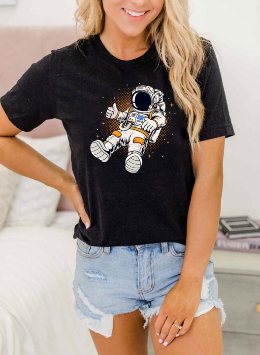 Women's T-shirts Astronaut Print Holiday Short Sleeve Round Neck Graphic T-shirt