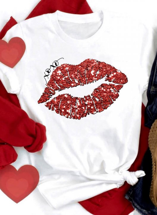 Women's Lips xoxo T-shirts Casual Solid Lip Sequin Round Neck Short Sleeve Basic T-shirts