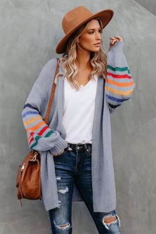 Women's Cardigans Striped Balloon Sleeve Cardigan