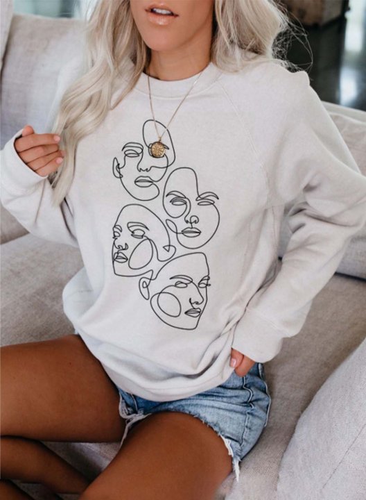 Women's Sweatshirt Casual Solid Abstract Face Print Round Neck Long Sleeve Daily Pullovers