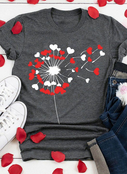 Women's Dandelion Heart Print Cute T-shirts Casual Summer Color Block Round Neck Short Sleeve Daily T-shirts