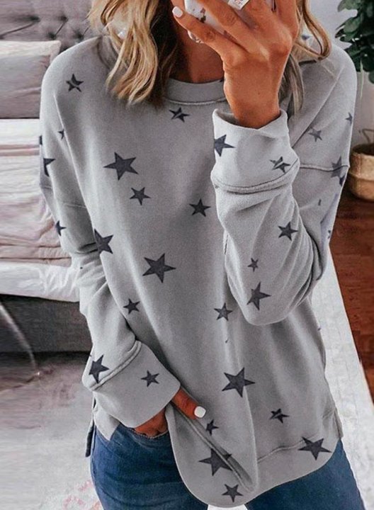 Women Star Print Long Sleeve Round Neck Tunics