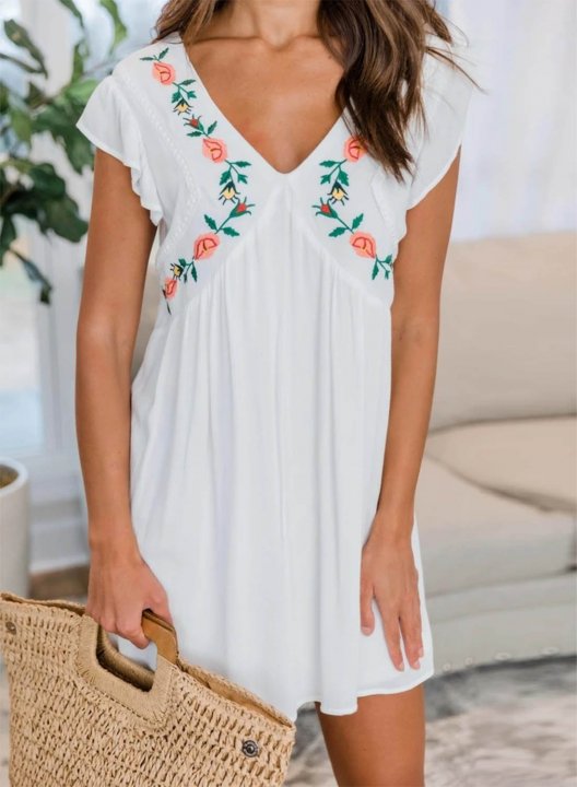 Women's Mini Dresses Solid Embroidery Short Sleeve V Neck Dress