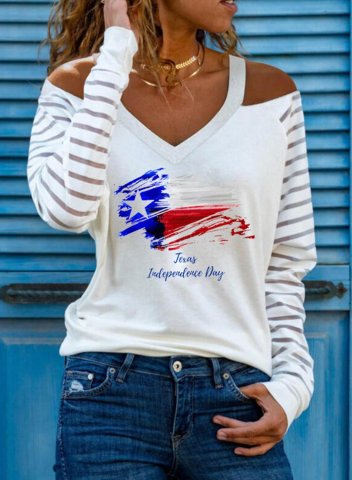 Women's Sweatshirt Letter Texas Independence Day Cold Shoulder Long Sleeve V Neck Casual Pullovers