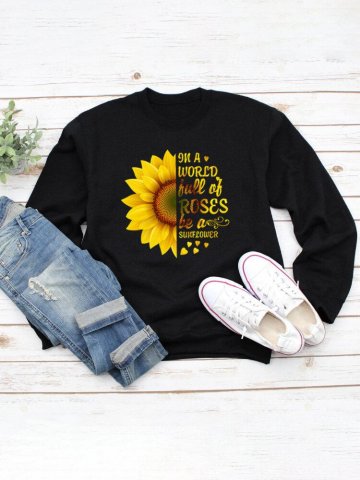 Sunflower Print O-neck Long Sleeves Casual Sweatshirt