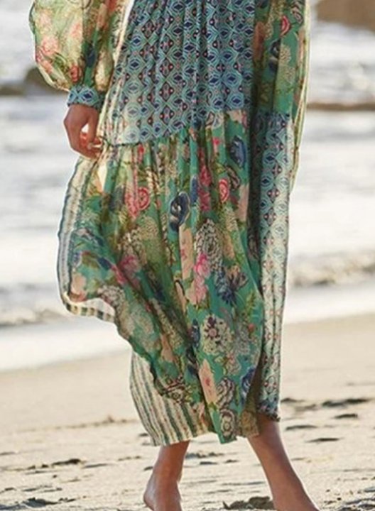 Women's Maxi Dresses Floral Multicolor Flare Boho Long Sleeve Dress