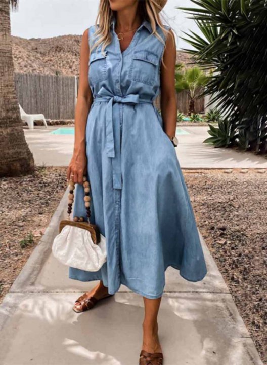 Women's Maxi Dress Solid A-line Turn Down Collar Sleeveless Belt Daily Boho Vacation Beach Maxi Dress