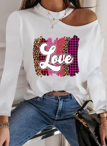 Women's T-shirts Leopard Love Print Plaid Letter Cold Shoulder Solid Round Neck Long Sleeve Daily Date T-shirts