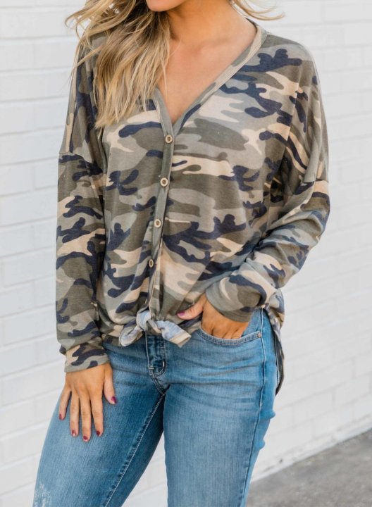 Camo Long Sleeve V Neck Button Sweatshirt