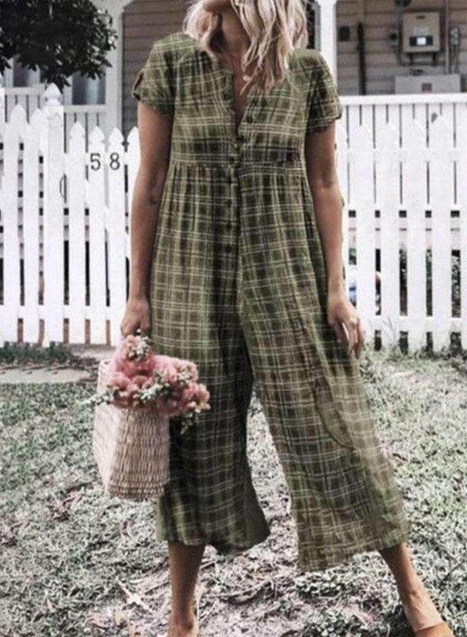 Women's Jumpsuits Plaid Wide Leg High Waist Short Sleeve Ankle-length Summer Jumpsuits