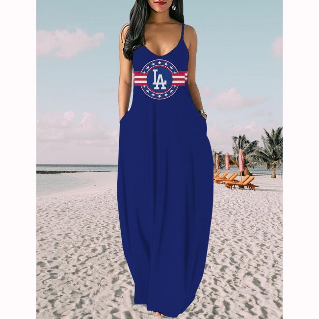 Women's Los Angeles Dodgers Baseball Team Print Sling Pocket Sleeveless Loose Holiday Style Long Dress