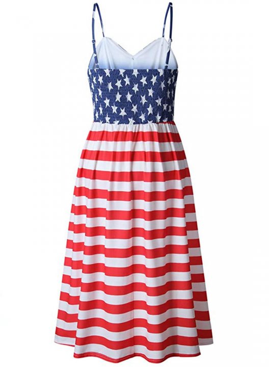 Women's American Flag Midi Dress Striped Button Strappy Casual Beach Midi Dress