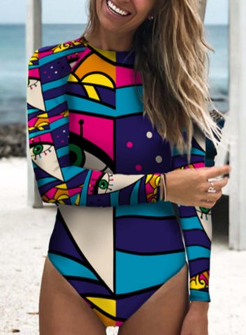 Women's One Piece Swimwear Geometric Round Neck Long Sleeve Knot Casual One-Piece Swimsuits One-Piece Bathing Suits