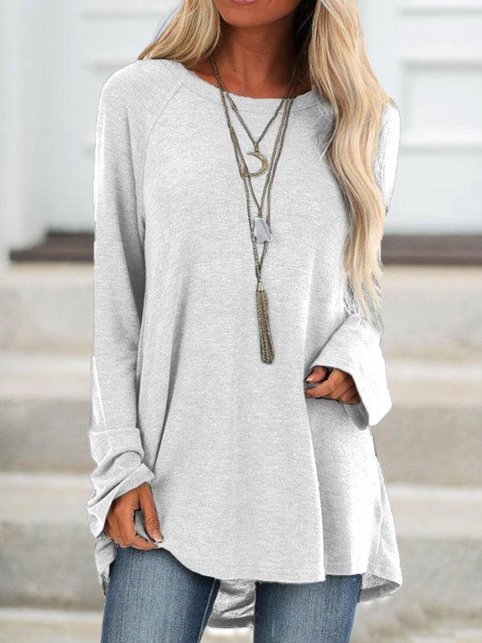 Gray Cotton Casual Crew Neck Solid Shirts & Tops