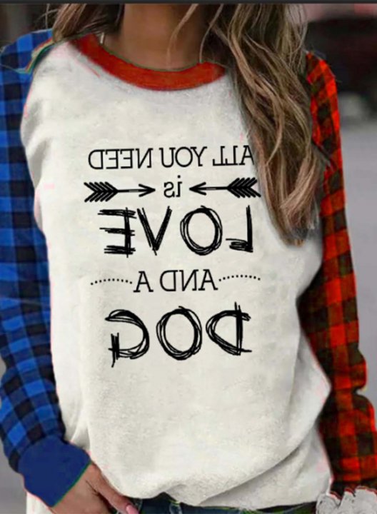 Women's Funny Sweatshirts Plaid Letter All You Need is Love and A Dog Sweatshirts