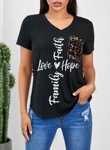 Women's T-shirts Pocket Letter Print Leopard Short Sleeve V Neck Casual Tunic T-shirt