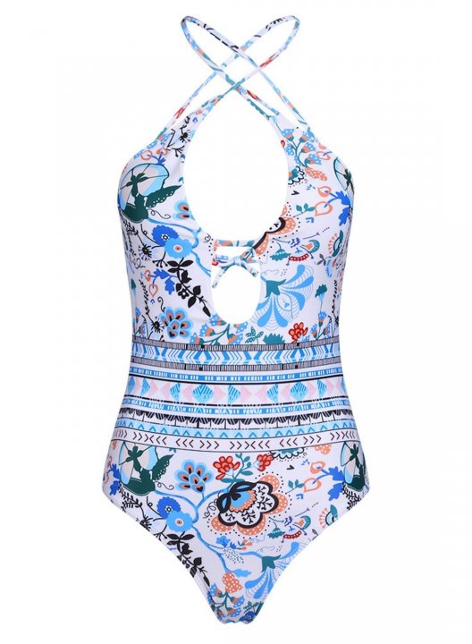 Women's One Piece Swimwear Tribal Open Back Criss Cross One-Piece Swimsuits One-Piece Bathing Suits