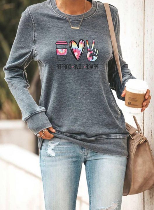 Women's Pullovers Heart-shaped Letter Solid Round Neck Long Sleeve Casual Pullovers