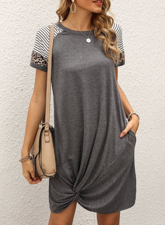 Women's Dress Striped Leopard Shift Round Neck Short Sleeve Summer Casual Daily Mini Dress