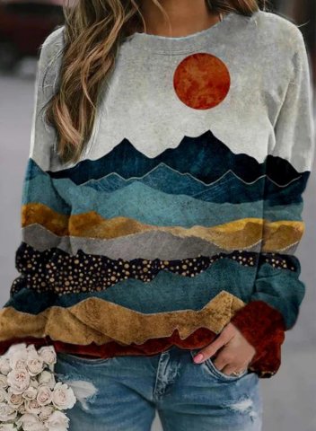 Women's Sweatshirts Color Block Landscape Print Long Sleeve Round Neck Casual Sweatshirt