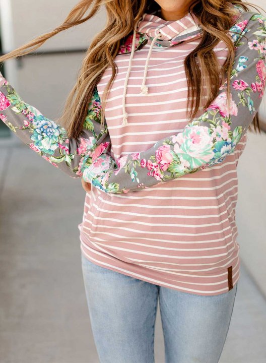 Women Floral Strioed Long Sleeve Hooded Top