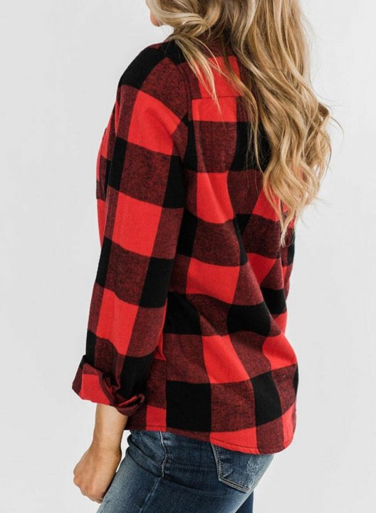 Women's Red Plaid Coats Long Sleeve Turn Down Collar Zipper Casual Coat