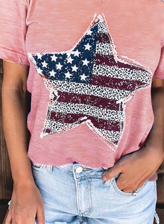 Women's T-shirts American Flag Star Letter Print Short Sleeve V Neck Daily T-shirt