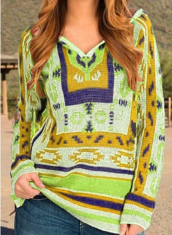 Women's Sweaters V Neck Long Sleeve Tribal Color Block Sweaters