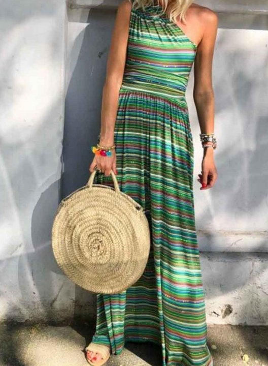 Women's Maxi Dresses Striped One-shoulder Flare Boho Dress