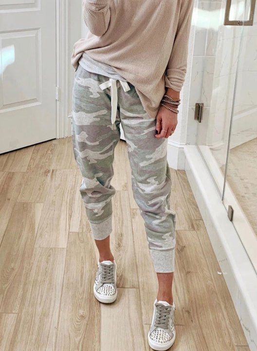 Camouflage Mid Waist Casual Pants