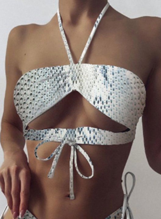 Women's Bikinis Drawstring Cut-out Knot Animal Print Low Rise Sleeveless Unadjustable Wire-free Halter Beach Bikini