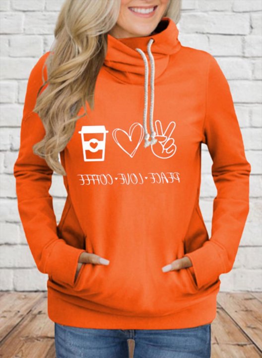 Women's Hoodies Heart-shaped Turtleneck Drawstring Solid Long Sleeve Casual Pocket Hoodies