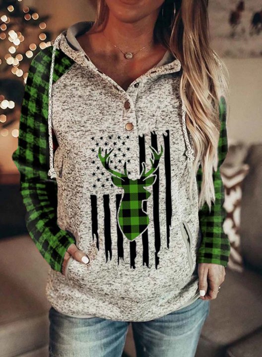 Women's American Flag & Deer Print Hoodie Color-block Plaid Print Long Sleeve Hoodie