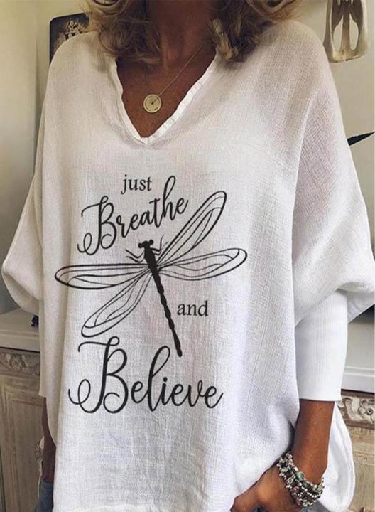 Women's Just Breathe and Believe Sweatshirt Casual Dragonfly Solid V Neck Long Sleeve Daily Pullovers