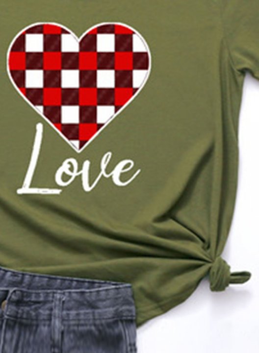 Women's T-shirts Plaid Heart Print Color Block Short Sleeve Round Neck Daily T-shirt