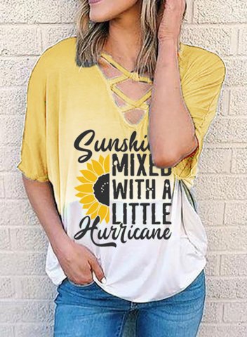 Women's T-shirts Color Block Letter Criss Cross V Neck Half Sleeve Summer Daily Casual T-shirts