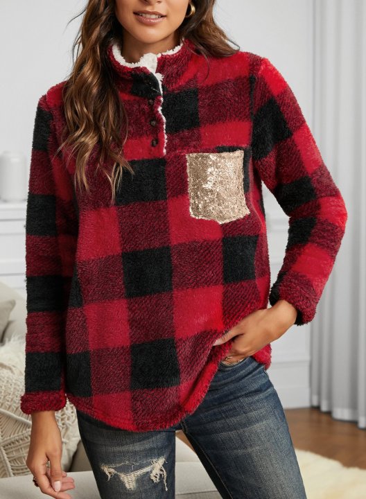 Red Lattice High Neck Long Sleeve Sweatshirt