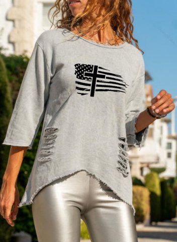 Women's T-shirts Flag 3/4 Sleeve Round Neck Cut-out Tunic T-shirt