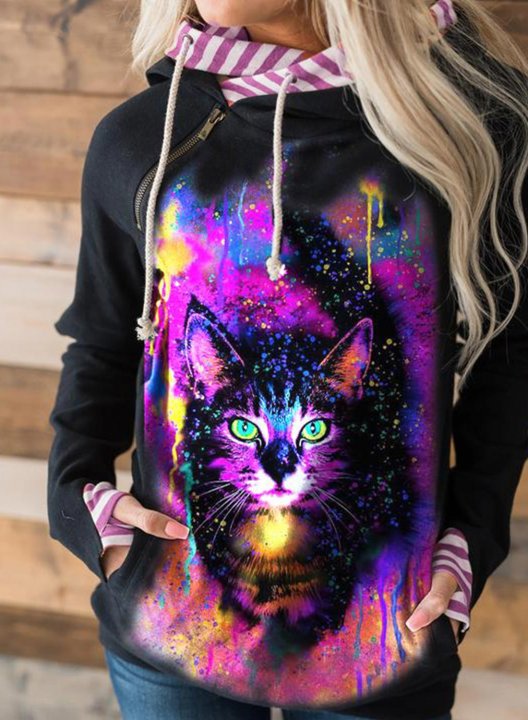 Women's Hoodies 3D Graphic Cat Starry Sky Striped Animal Print Color Block Long Sleeve Daily Zip Pocket Hoodie