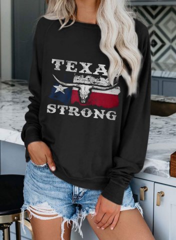 Women's Sweatshirts Letter Texas Strong Texas Flag Print Long Sleeve Round Neck Daily Sweatshirt