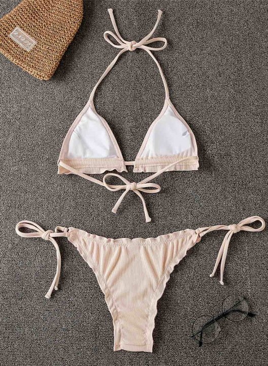 Women's Bikinis Solid Halter Padded Ruffle Beach Vacation Bikini Bathing Suits