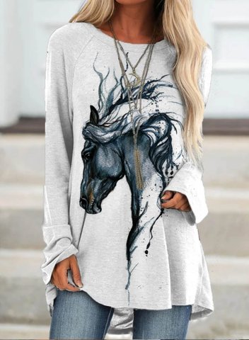 Women's T-shirts Horse Pattern Long Sleeve Round Neck Daily Casual Tunic T-shirt