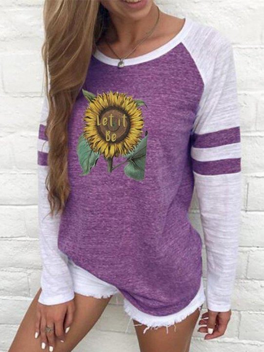 Women Let It Be Sunflower Long Sleeve T-Shirt Round Neck Acrylic Floral Shirts & Tops