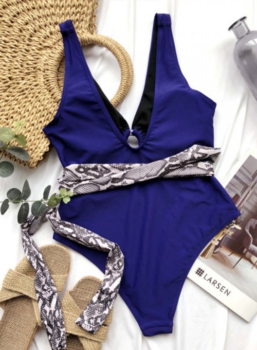 Women's One-Piece Swimsuits One-Piece Bathing Suits Animal Print V Neck Belt Casual One-Piece Swimsuit