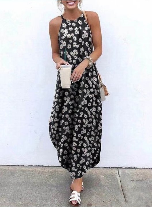 Women's Maxi Dresses Floral Sleeveless A-line V Neck Vacation Beach Boho Maxi Dress