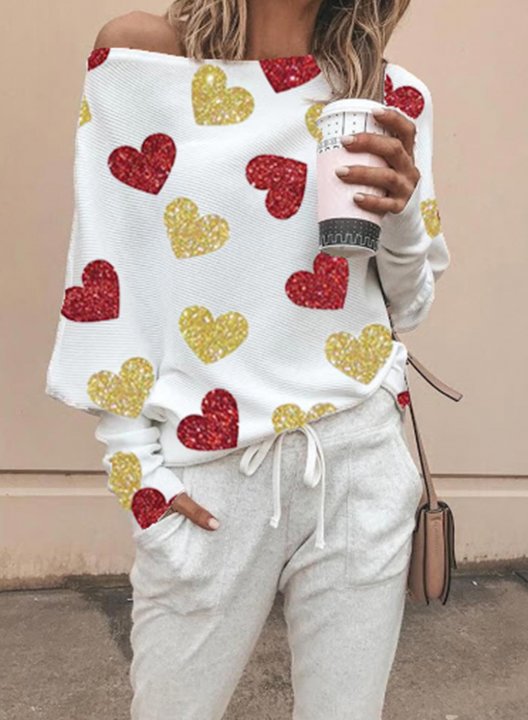 Women's Sequin Heart Print Sweatshirt Off Shoulder Sweatshirt